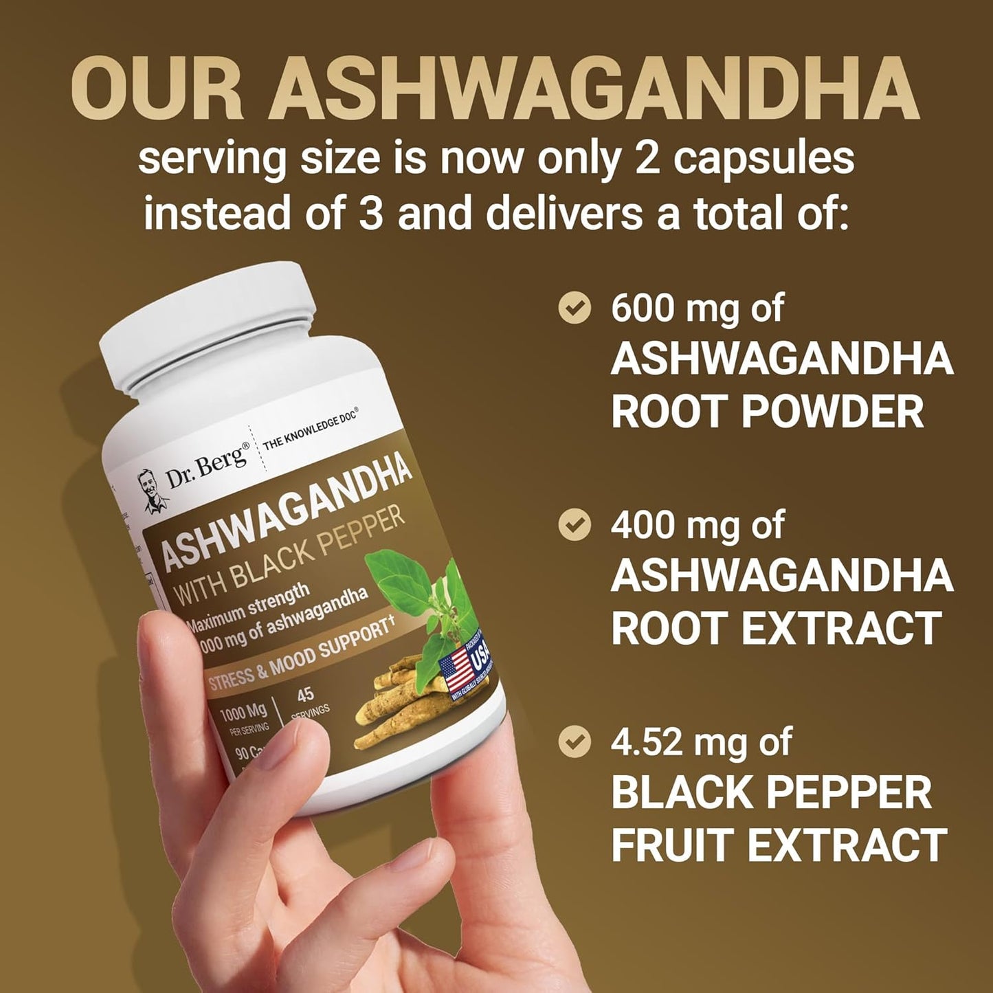 Dr. Berg Ashwagandha Capsules 1000mg - Includes Ashwagandha Root with Black Pepper from Bioperine - Ashwagandha Supplements 90 Capsules