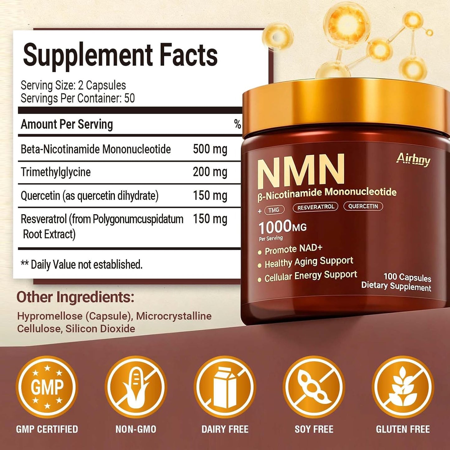 Airboy NMN Supplement 1000mg, 4-in-1 NAD+ Supplement with Nicotinamide Mononucleotide, Resveratrol, TMG, Quercetin, NMNH Alternative, Energy, Focus- 100 Count