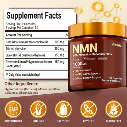 Airboy NMN Supplement 1000mg, 4-in-1 NAD+ Supplement with Nicotinamide Mononucleotide, Resveratrol, TMG, Quercetin, NMNH Alternative, Energy, Focus- 100 Count