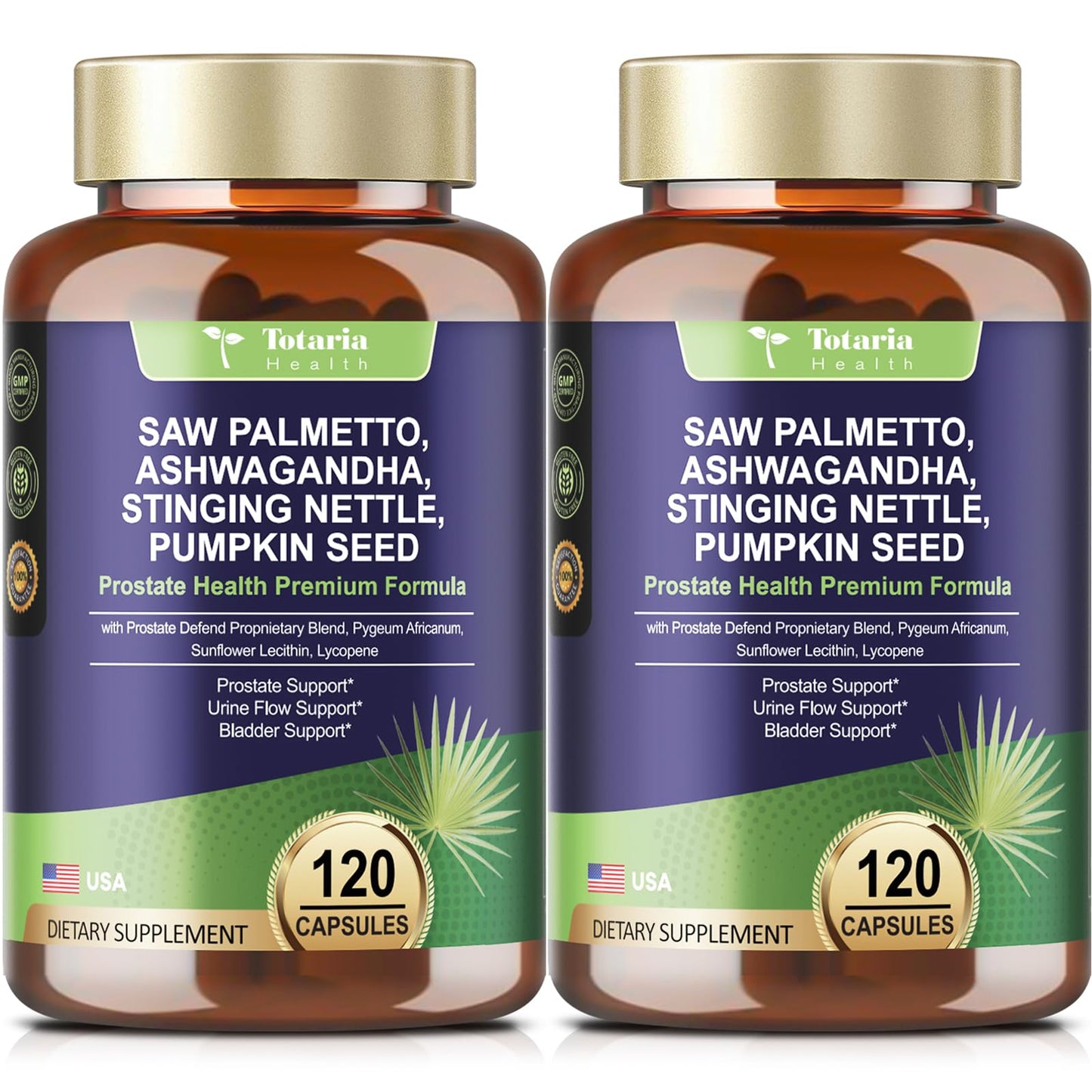 Totaria Organic Saw Palmetto with Pumpkin Seed - Prostate Health Supplements with Ashwagandha Root, Stinging Nettle, Prostate Defend Propnietary Blend, DHT Blocker for Men & Women, 120 Count