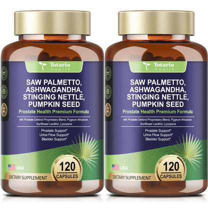 Totaria Organic Saw Palmetto with Pumpkin Seed - Prostate Health Supplements with Ashwagandha Root, Stinging Nettle, Prostate Defend Propnietary Blend, DHT Blocker for Men & Women, 120 Count