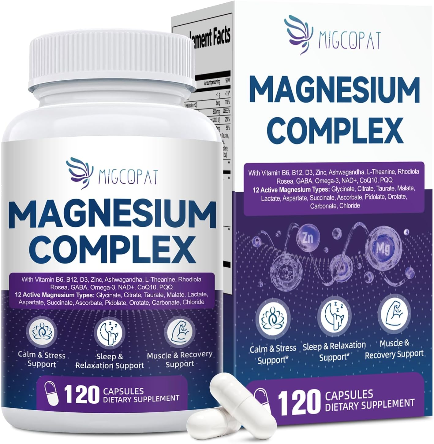 Migcopat Magnesium Complex w/Magnesium Glycinate, Malate, Citrate | 24-in-1 Magnesium Supplement w/Ashwagandha, L-Theanine & NAD+ | Supports Calm, Energy, Muscle & Sleep | Non-GMO, 120 Vegan Caps
