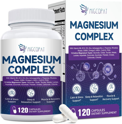 Migcopat Magnesium Complex w/Magnesium Glycinate, Malate, Citrate | 24-in-1 Magnesium Supplement w/Ashwagandha, L-Theanine & NAD+ | Supports Calm, Energy, Muscle & Sleep | Non-GMO, 120 Vegan Caps