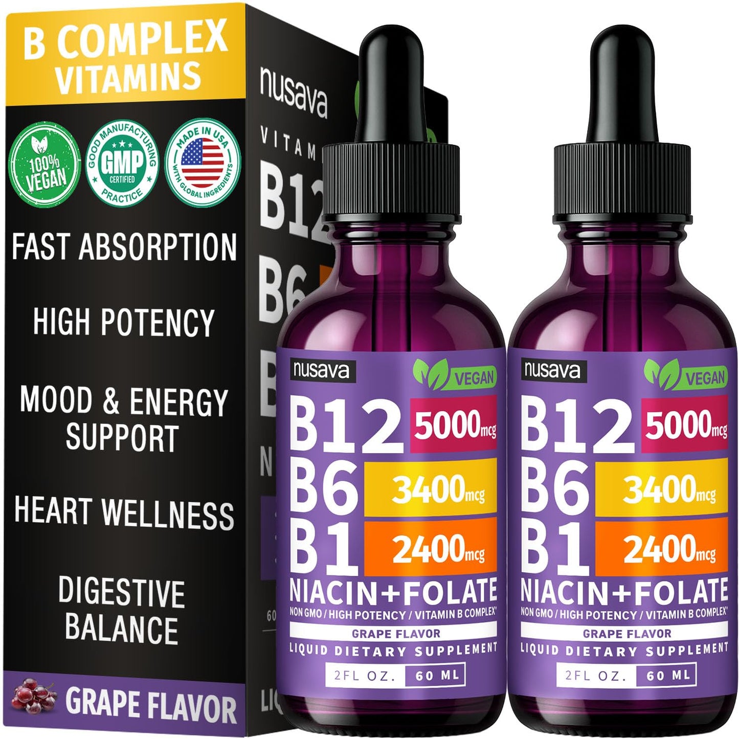 NUSAVA (2 Pack) Vitamin B12 Liquid Drops with B6, B1, Niacin & Folate — B12 Sublingual Vitamin B Complex, Methylcobalamin 5000 mcg, for Energy, Brain & Heart Support, Raspberry Flavor, 80 Servings
