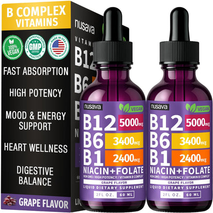 NUSAVA (2 Pack) Vitamin B12 Liquid Drops with B6, B1, Niacin & Folate — B12 Sublingual Vitamin B Complex, Methylcobalamin 5000 mcg, for Energy, Brain & Heart Support, Raspberry Flavor, 80 Servings