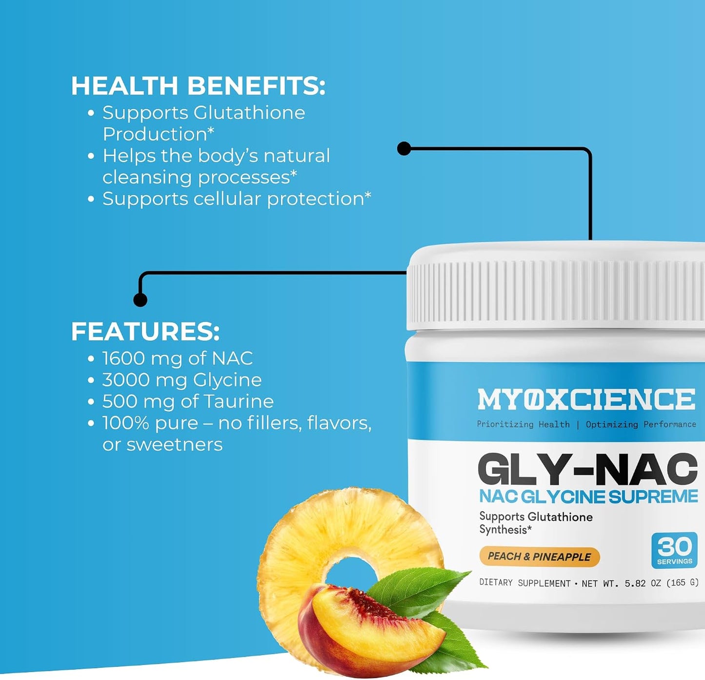 MYOXCIENCE NAC Glycine Supreme | N-Acetyl-L-Cysteine, Glycine, and Taurine Combination (Natural Peach and Pineapple Flavor) (30 Servings)