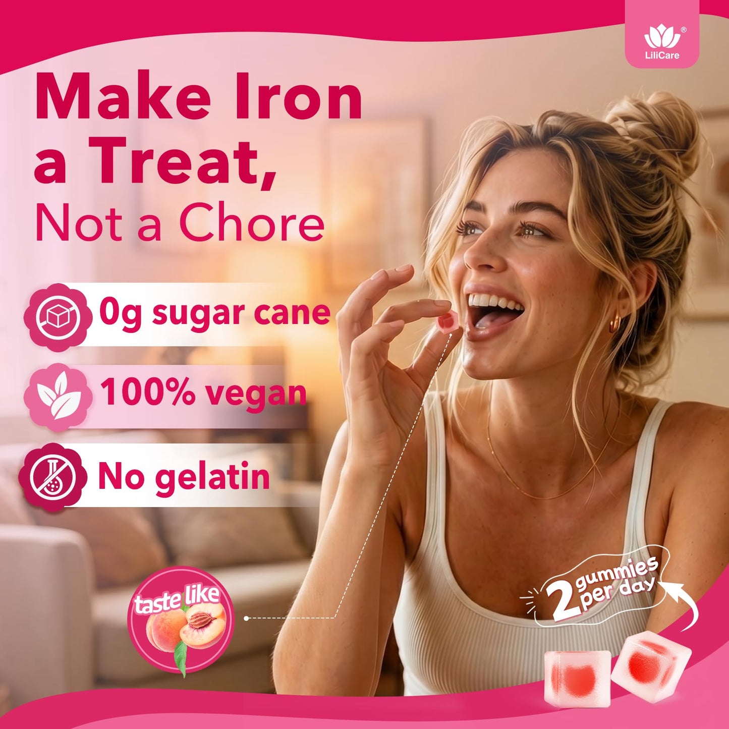 Iron Gummies for Women 25mg Plus Vitamin C, Beet Root, Vitamin B12, Folate for Iron Deficiency, Anemia, Energy Boost, Sugar Free Iron Supplement, Non-Constipating, No After Taste, 60 Cts