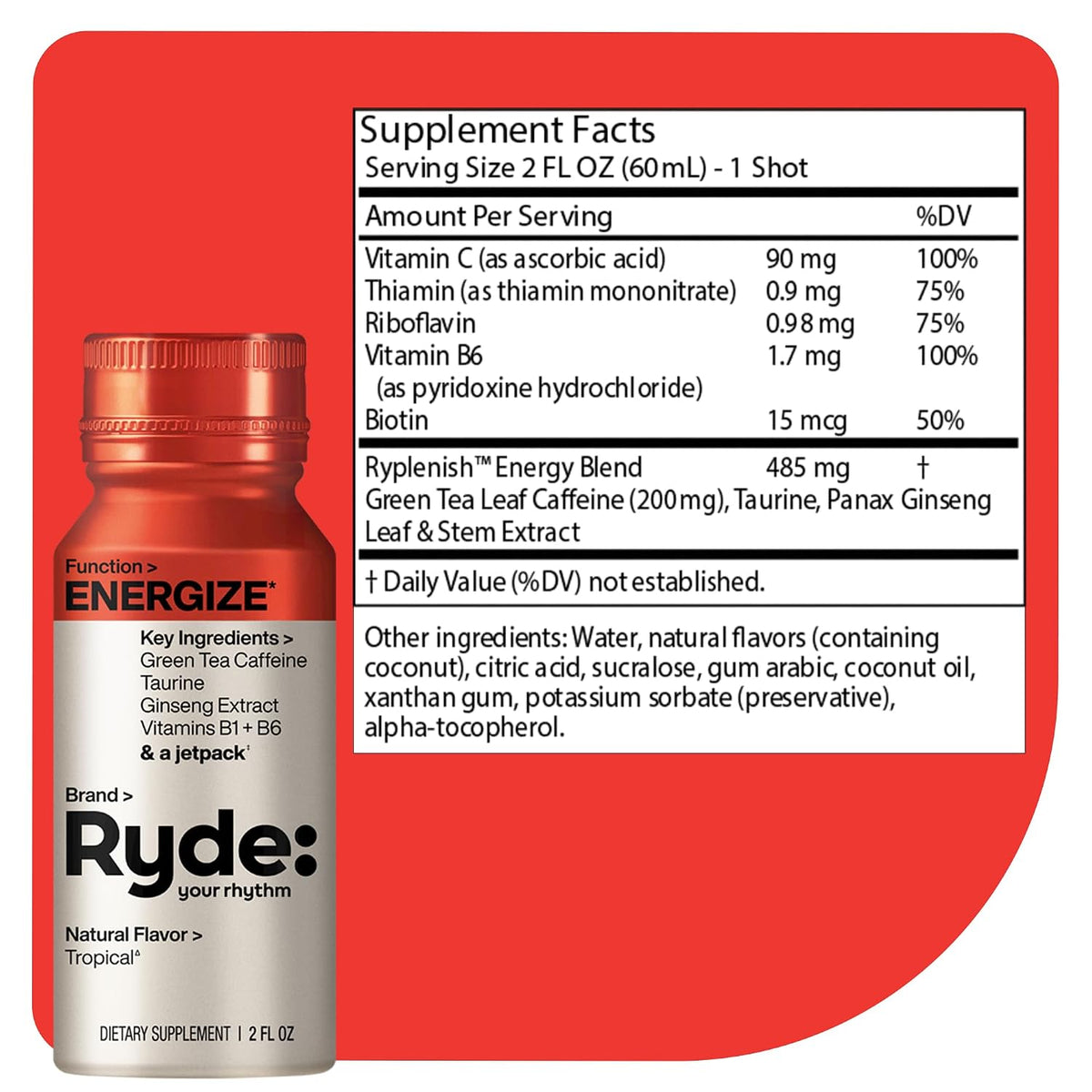 RYDE Shots Energize + Focus, Essential B Vitamins and Caffeine, Zero Calories, Zero Sugar, Pack of 16
