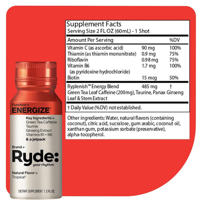 RYDE Shots Energize + Focus, Essential B Vitamins and Caffeine, Zero Calories, Zero Sugar, Pack of 16