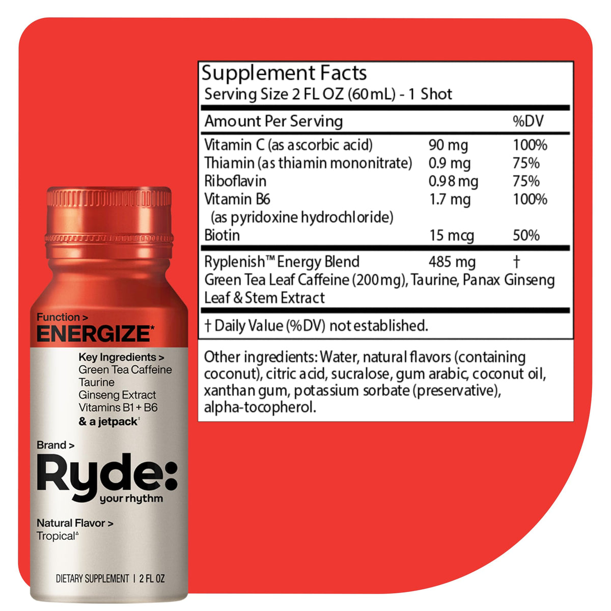 RYDE Energize Energy Shot, Tropical Flavor, Zero Sugar, 2 fl oz, 8 Pack