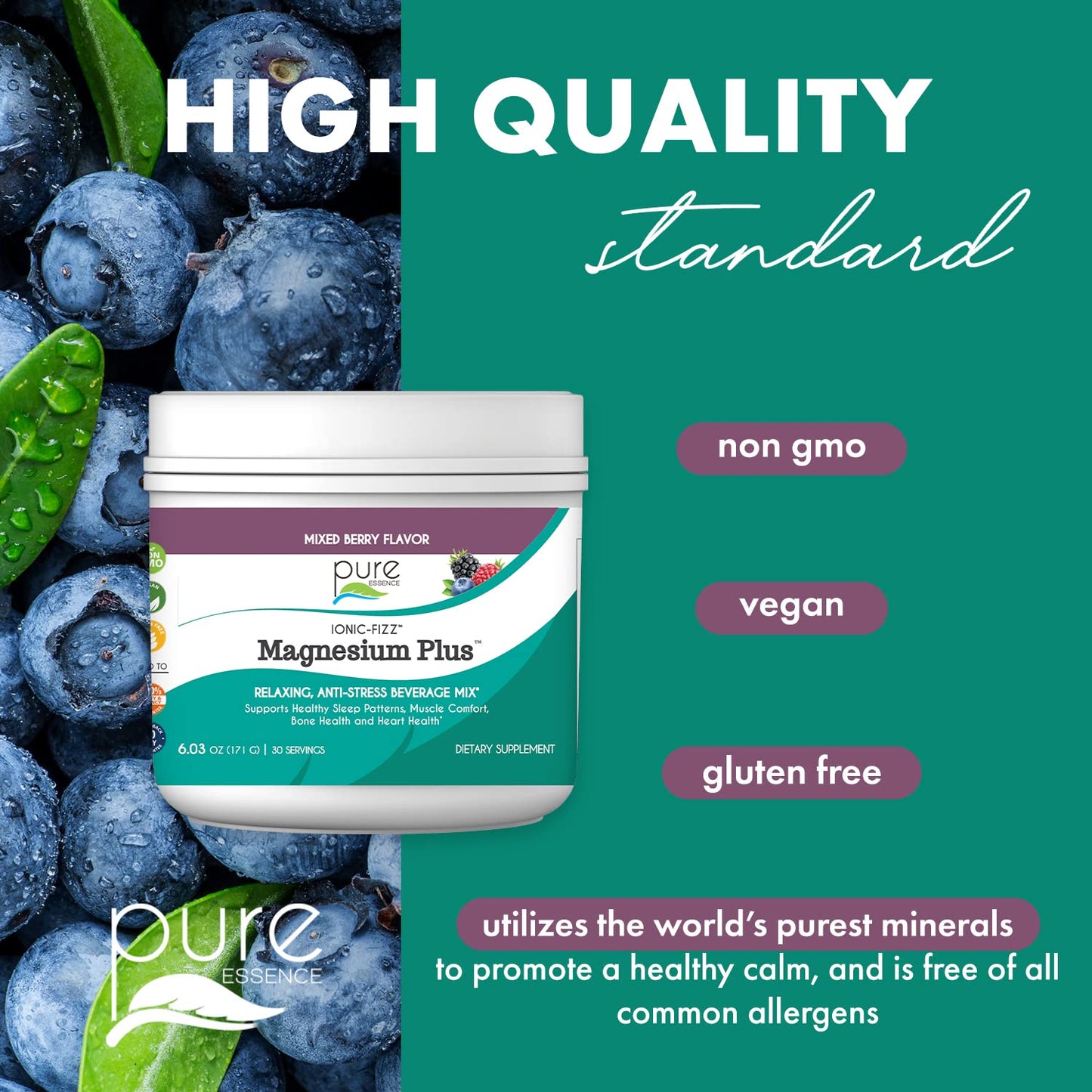 Pure Essence Labs Ionic Fizz Magnesium Plus, Anti-Stress Supplement Drink Powder, Gluten Free and Non-GMO Magnesium Powder, Raspberry Lemonade Flavor, 12.06 oz