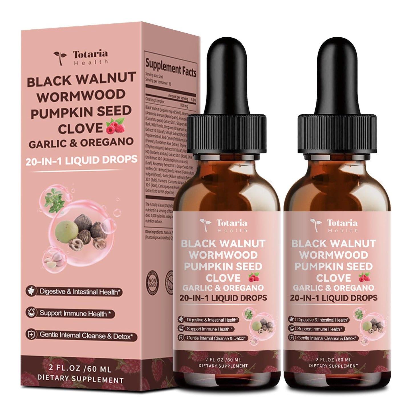 Totaria 20 in 1 Black Walnut Wormwood Tincture - Clove,Pumpkin Seed,Garlic,Oregano,Berberine - Gentle Gut Cleanse & Digestive Health - Alcohol-Free,Gut-Friendly -Raspberry Flavor - 2FL
