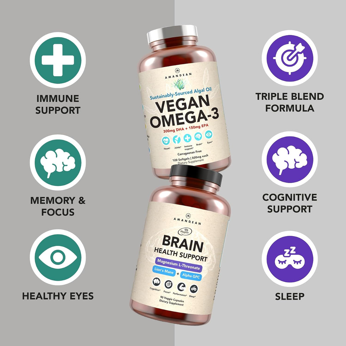AMANDEAN Brain & Vegan Omega-3 Bundle: Magnesium Threonate, USA-Grown Lion’s Mane 6:1, Alpha-GPC & Algae DHA/EPA. Plant-Based Essential fats for Brain, Eye, Heart & Skin Health. Fish Oil Alternative.