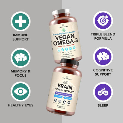 AMANDEAN Brain & Vegan Omega-3 Bundle: Magnesium Threonate, USA-Grown Lion’s Mane 6:1, Alpha-GPC & Algae DHA/EPA. Plant-Based Essential fats for Brain, Eye, Heart & Skin Health. Fish Oil Alternative.