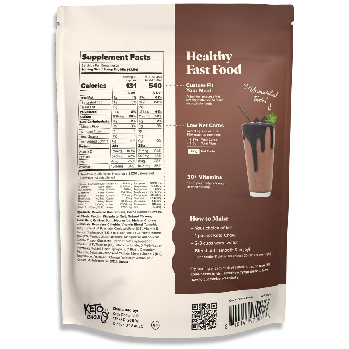 Keto Chow Chocolate CORE with Stevia Meal Replacement Shake Powder, 1 Meal