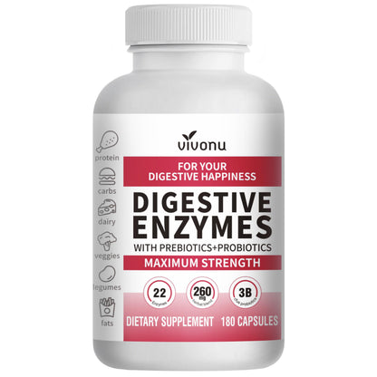 VivoNu Digestive Enzymes | 22 Enzymes with Organic Prebiotics & Probiotics | Supports Digestion* of Protein, Carbs, Fiber & Dairy | 180 Capsules