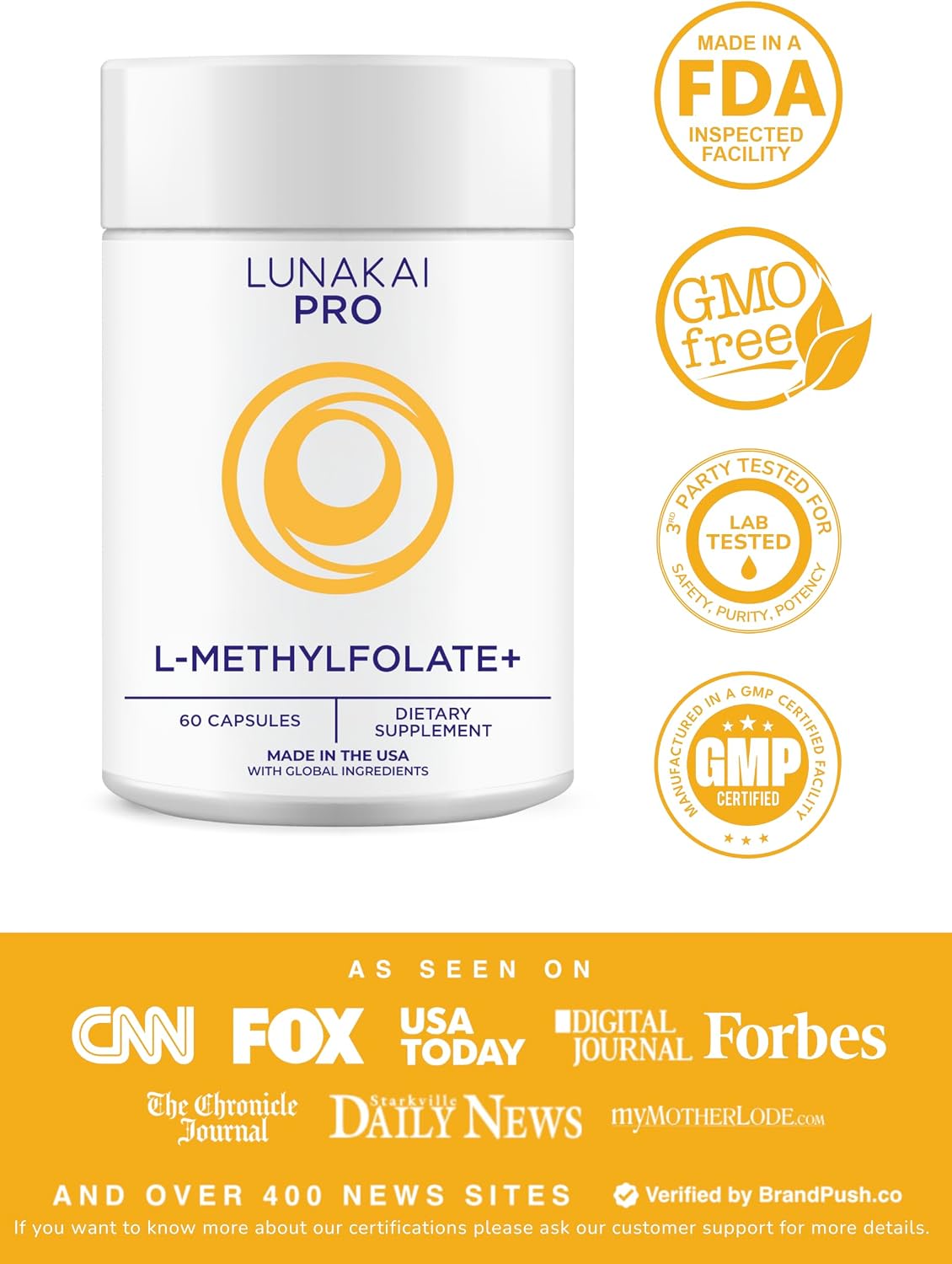 Lunakai L Methyl Folate 15mg Plus B2, B6 & Methyl B12 - Active 5-MTHF Form | USA Made, High Potency L-MethylFolate Supplement - Daily Brain, Mood & Energy Support, Non-GMO MTHFR, 60 ct