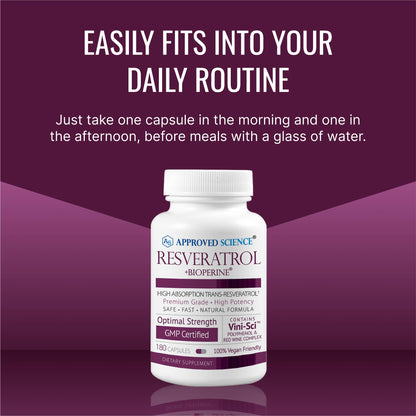 Approved Science® Resveratrol - 1000 mg of Trans Resveratrol - 250 mg of Polyphenol - 98% Purity Level - Includes Bioperine® - 60 Vegan Friendly Capsules - 1 Bottle