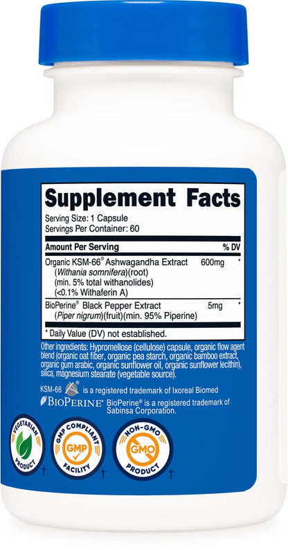 Nutricost KSM-66 Ashwagandha Root Extract (600mg) 60 Capsules | 5% Withanolides & BioPerine, Full-Spectrum Root Extract