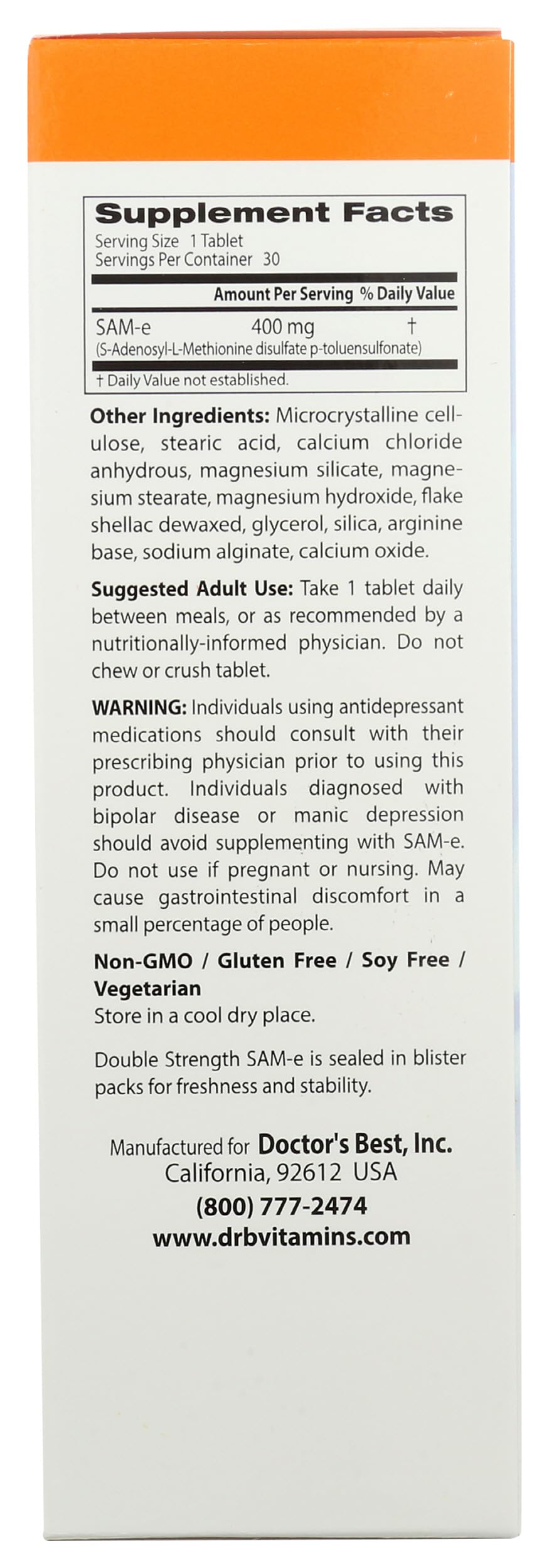 Doctor's Best SAM-e 400 mg, Vegan, Gluten Free, Soy Free, Mood and Joint Support, 60 Enteric Coated Tablets