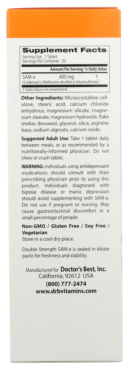 Doctor's Best SAM-e 400 mg, Vegan, Gluten Free, Soy Free, Mood and Joint Support, 60 Enteric Coated Tablets