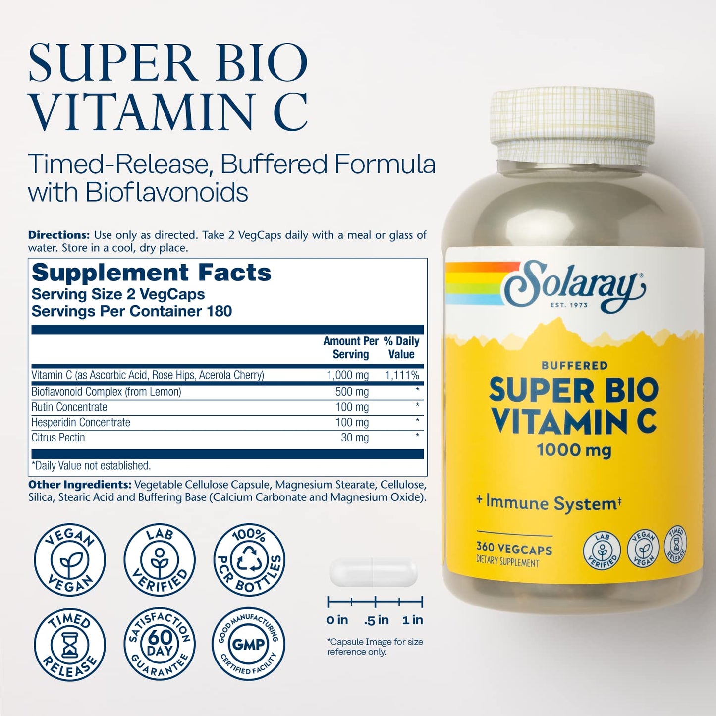 SOLARAY Super Bio Vitamin C 1000mg, Buffered, Two-Stage Timed Release with Bioflavonoids, Immune Support Supplement, High Absorption, Vegan, 60-Day Guarantee – 250 VegCaps