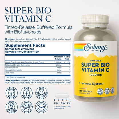 SOLARAY Super Bio Vitamin C 1000mg, Buffered, Two-Stage Timed Release with Bioflavonoids, Immune Support Supplement, High Absorption, Vegan, 60-Day Guarantee – 250 VegCaps