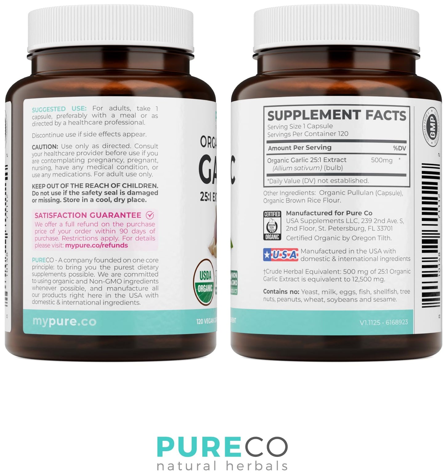PURE CO USDA Organic Garlic Supplement - High Potency 25:1 Garlic Extract with 12,500mg Herbal Equivalent Strength for Immune & Heart Support - Odorless Vegan & Non-GMO (4 Month Supply)