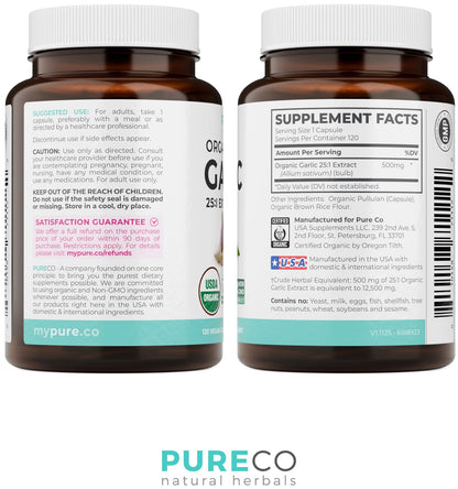 PURE CO USDA Organic Garlic Supplement - High Potency 25:1 Garlic Extract with 12,500mg Herbal Equivalent Strength for Immune & Heart Support - Odorless Vegan & Non-GMO (4 Month Supply)