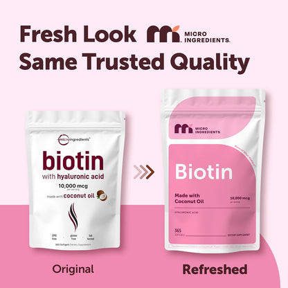 Micro Ingredients Biotin 10,000 mcg with Hyaluronic Acid 25 mg Per Serving | Made with Coconut Oil | 365 Softgels | 1 Per Day | One Year Supply | Non-GMO & Gluten Free