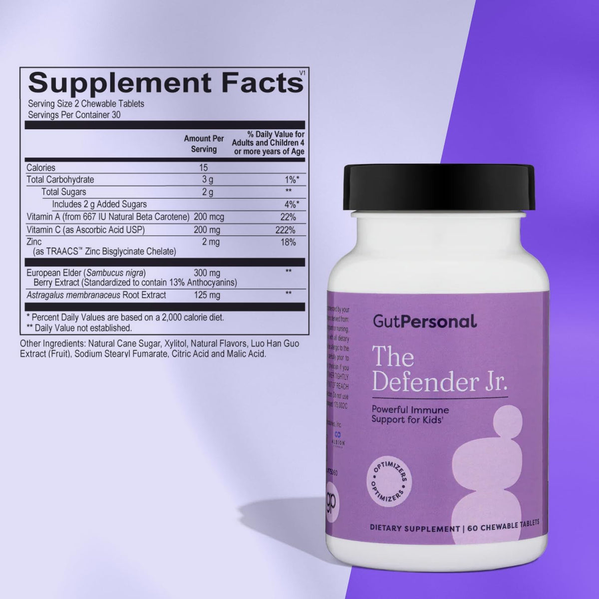 GutPersonal The Defender - Powerful Immune Defense with Vitamin A, C, and Botanical Extracts Elderberry, Echinacea, and More for Boosting Immune System with Natural Ingredients (Chewable)