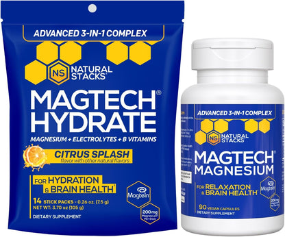 Magtech Magnesium Capsules + Hydration Powder Bundle - 3 Forms of Magnesium - Featuring Magtein L-Threonate - Brain Health & Hydration Support* - 44 Total Servings