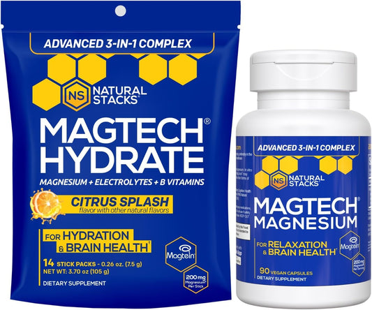 Magtech Magnesium Capsules + Hydration Powder Bundle - 3 Forms of Magnesium - Featuring Magtein L-Threonate - Brain Health & Hydration Support* - 44 Total Servings