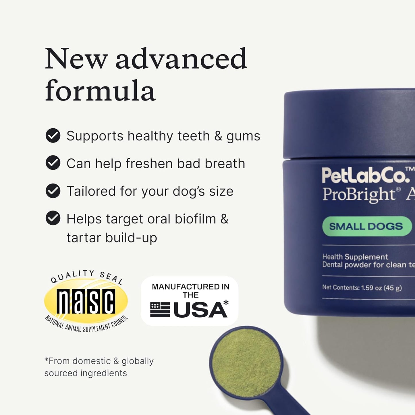 PetLab Co. ProBright Advanced Dental Powder, Small Dogs, 30 Scoops | Three-Time Award-Winning* formula shown to support tartar reduction and fresh breath in 28 days, One scoop daily
