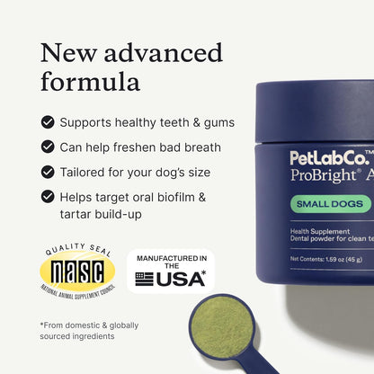 PetLab Co. ProBright Advanced Dental Powder, Small Dogs, 30 Scoops | Three-Time Award-Winning* formula shown to support tartar reduction and fresh breath in 28 days, One scoop daily