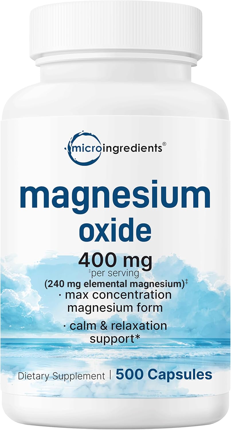 Magnesium Oxide 400mg, 500 Capsules | Elemental Form for Max Concentration | Supports Calm, Muscle & Nerve Health | Non-GMO