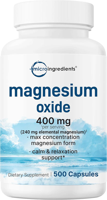 Magnesium Oxide 400mg, 500 Capsules | Elemental Form for Max Concentration | Supports Calm, Muscle & Nerve Health | Non-GMO
