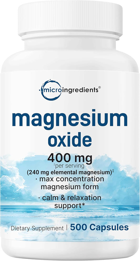 Magnesium Oxide 400mg, 500 Capsules | Elemental Form for Max Concentration | Supports Calm, Muscle & Nerve Health | Non-GMO