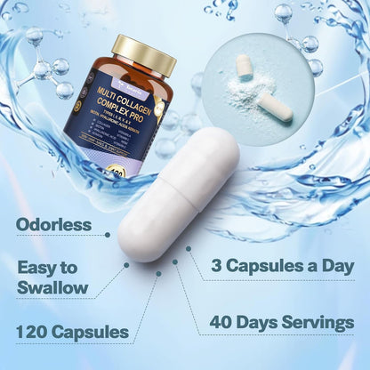 18-in-1 Collagen Pro with Hyaluronic Acid, Keratin, Biotin, VIT A C & E for Skin, Hair, Nails, Joint & Beauty - Multi Collagen Peptides Capsules with Type I II III V & X for Women & Men - 120 Caps