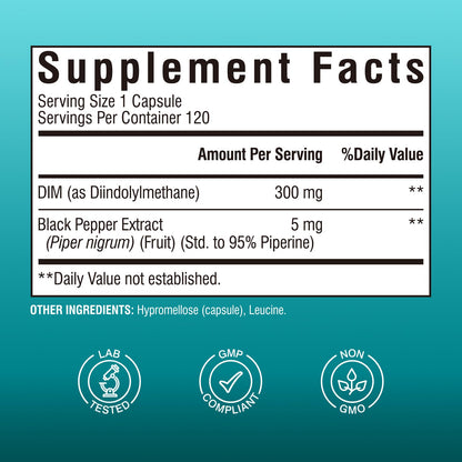 Vitalibre DIM Supplement for Women & Men, Estrogen Metabolism, Hormone Balance & Menopause Support, DIM 300 mg with Black Pepper Extract, High Absorption, 90 Capsules