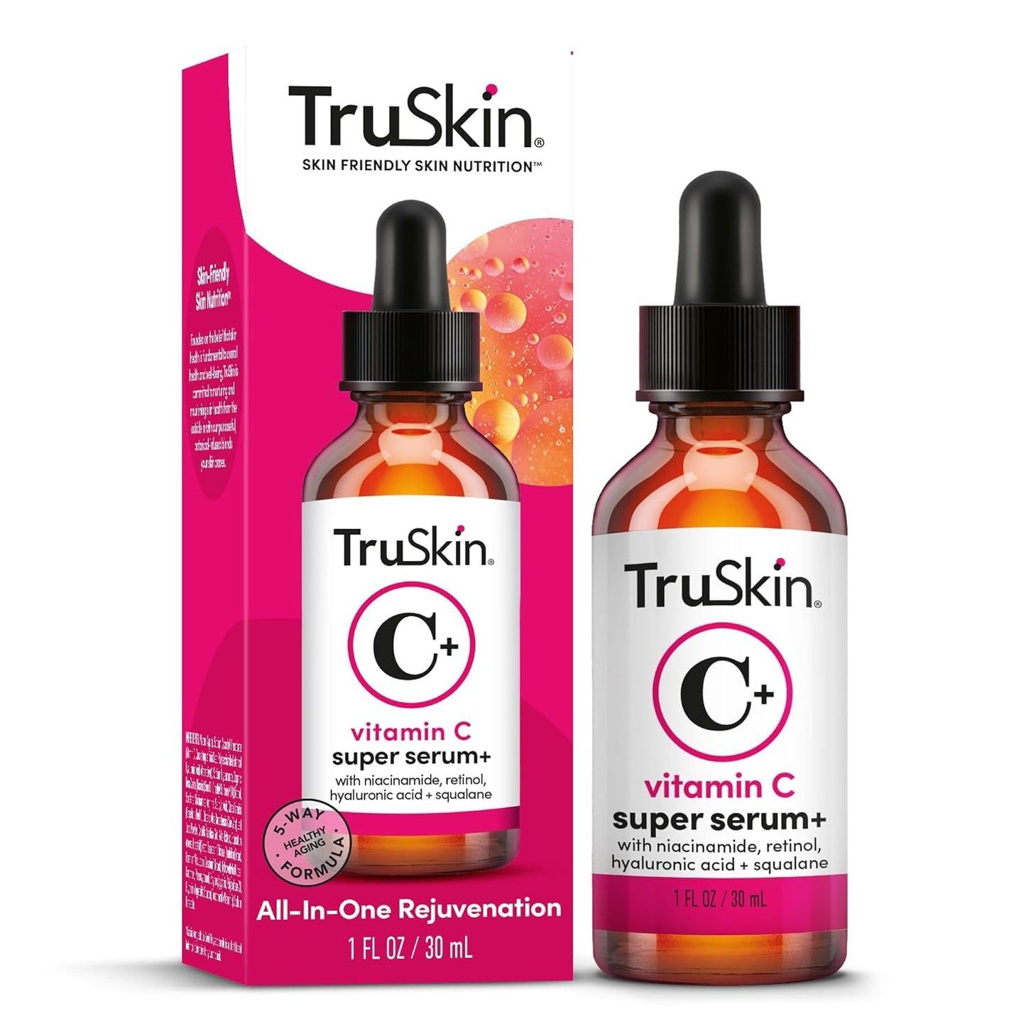 TruSkin Vitamin C Super Serum for Face, 5 Skin Benefits, 1 fl oz | Vitamin C, Retinol, Niacinamide, Hyaluronic Acid and Squalane to brighten, firm, smooth, hydrate, and refine skin