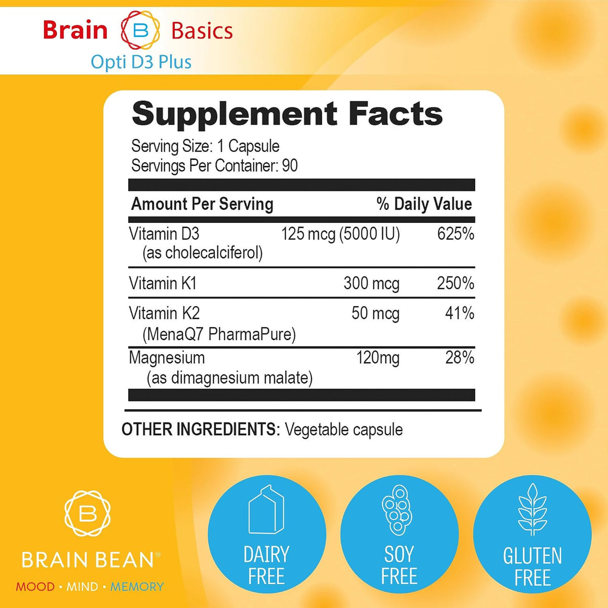 Brain Basic Opti D3 Plus - Vitamin D3 5000 IU with K1, K2, and Magnesium - Brain Support Supplement for Mood, Mind, Memory - Bone, Muscle, and Immune Health - Gluten Free, Soy Free, and Dairy Free