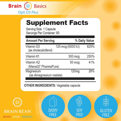 Brain Basic Opti D3 Plus - Vitamin D3 5000 IU with K1, K2, and Magnesium - Brain Support Supplement for Mood, Mind, Memory - Bone, Muscle, and Immune Health - Gluten Free, Soy Free, and Dairy Free