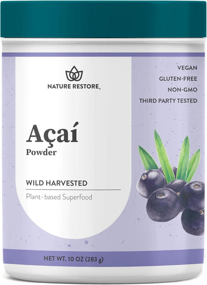 Nature Restore Wild Harvested Acai Berry Powder, 10 Ounces, Non GMO, Gluten Free, Brazilian Wild Grown