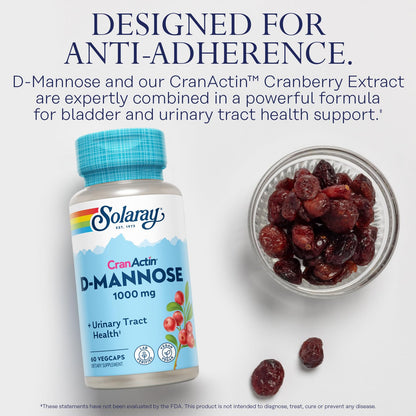 Solaray D-Mannose 1000mg with CranActin Cranberry Supplement 400mg, Urinary Tract Health & Bladder Support Capsules with Vitamin C, Vegan, 60 Day Guarantee, 75 Servings, 150 VegCaps