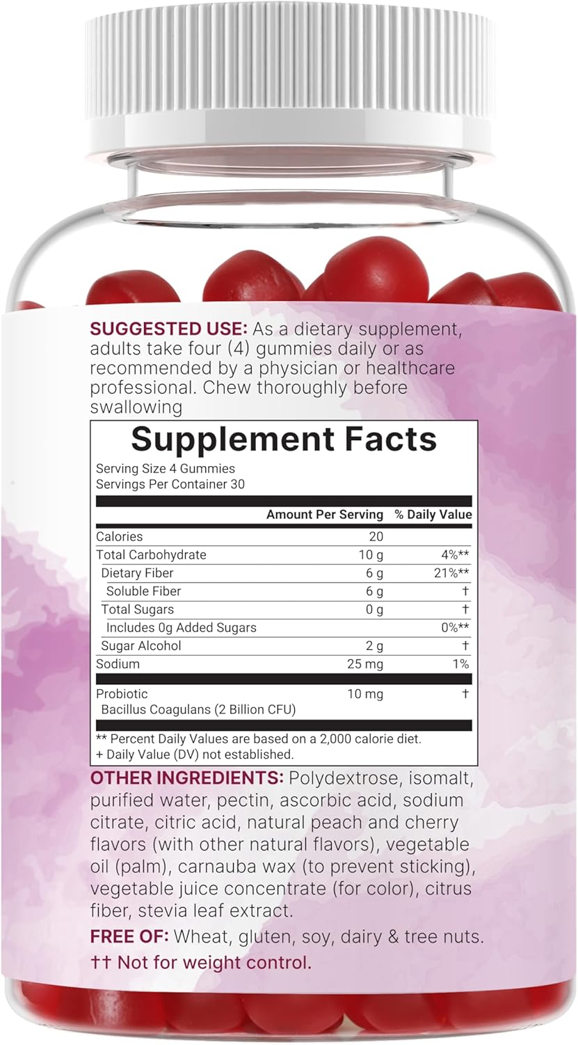 Micro Ingredients Fiber Gummies with Probiotics, 120 Count | 6g Per Serving + 2 Billion CFU | Sugar Free Peach Cherry Flavor | High Fiber Supplement for Women & Men | Non-GMO, Gluten Free