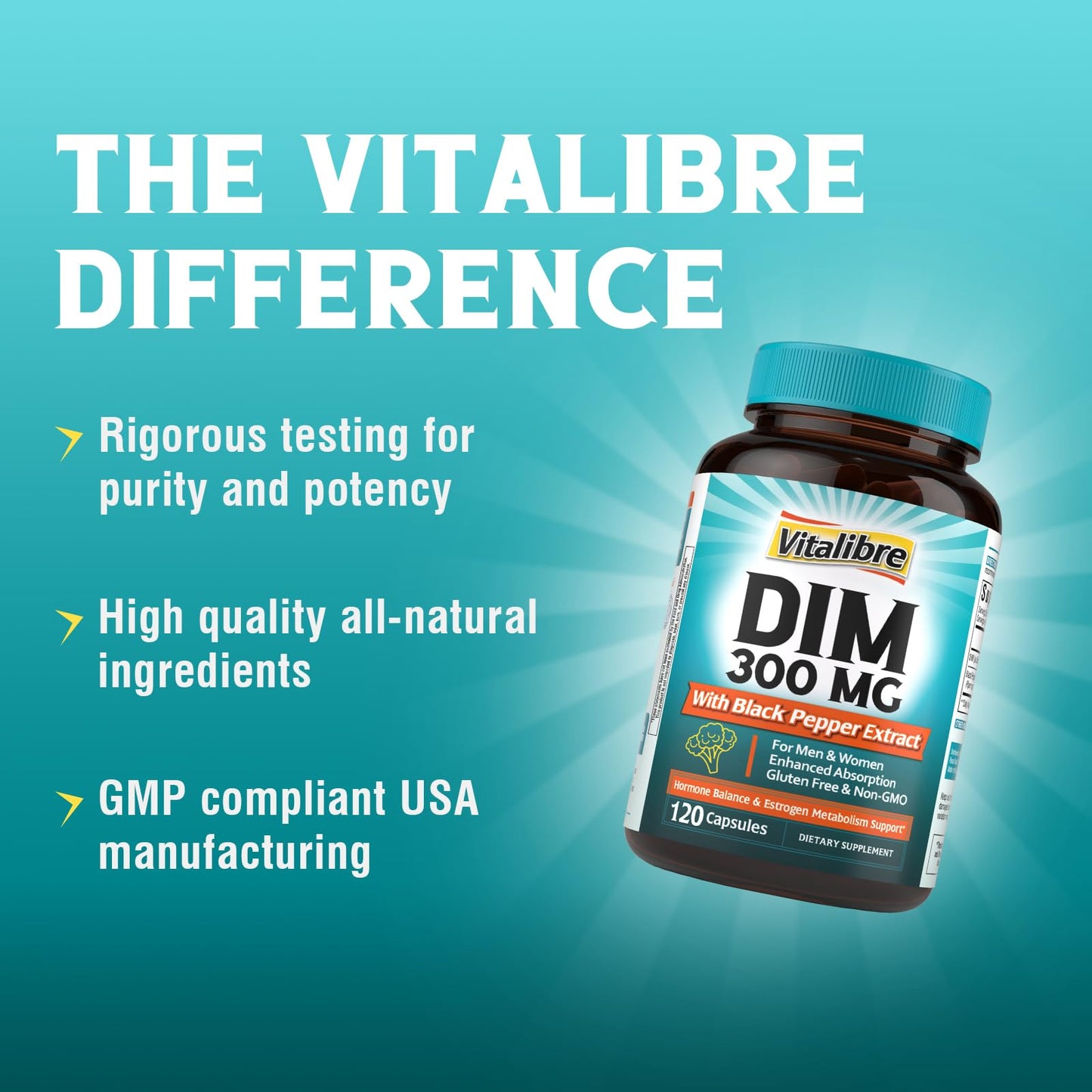 Vitalibre DIM Supplement for Women & Men, Estrogen Metabolism, Hormone Balance & Menopause Support, DIM 300 mg with Black Pepper Extract, High Absorption, 90 Capsules