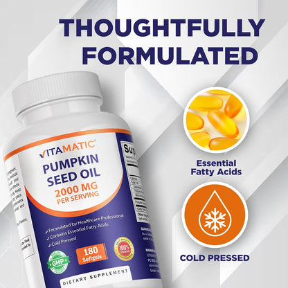 Vitamatic Pumpkin Seed Oil 2000mg Softgel Capsules, 180 Softgels | 1000mg per Softgel