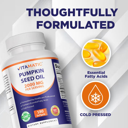 Vitamatic Pumpkin Seed Oil 2000mg Softgel Capsules, 180 Softgels | 1000mg per Softgel
