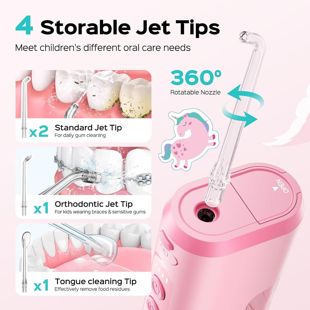 COSLUS Portable Water Flosser for Kids & 4 PCS Water Dental Flosser Tips Replacement Heads Jet Nozzles Only Compatible COSLUS T40